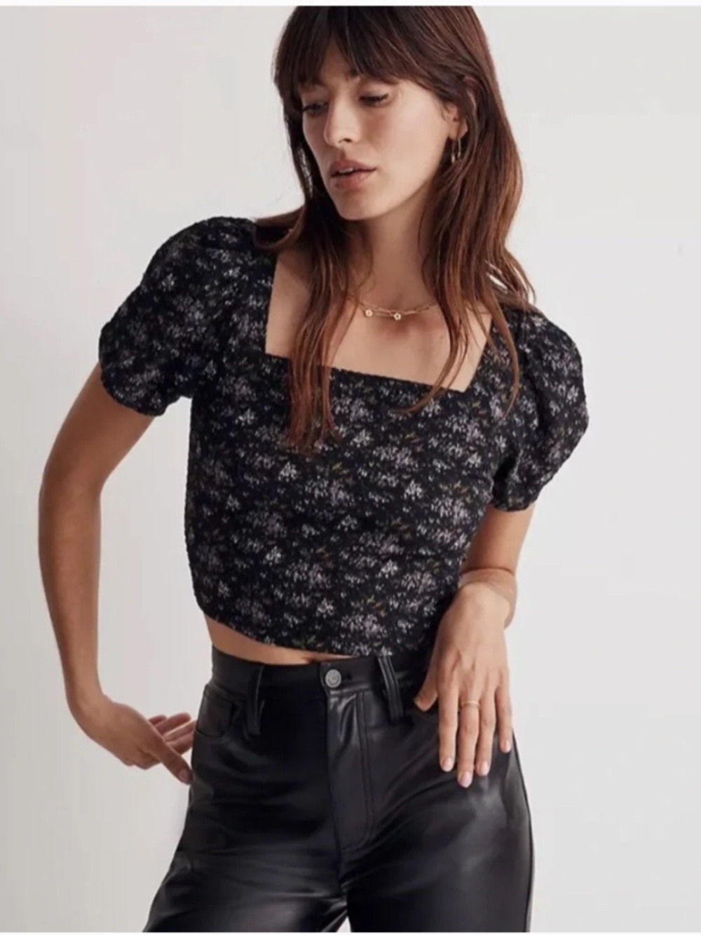 Madewell Hopewell‎ Puff Sleeve Smocked Crop Top in Blurred Ikat Size Small